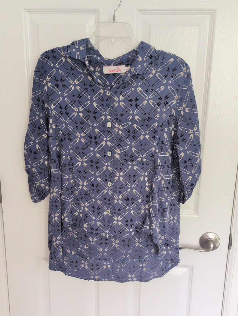 Pink Wheels Whimsical Safety Pin Button Down - M